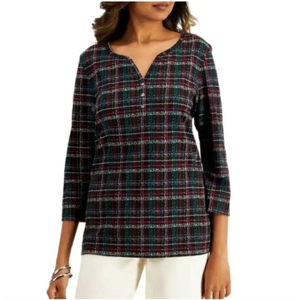 Karen Scott| Long Slv Casual Plaid Pullover Top, Plaid, Blk,Grn,Wht,Red, S, EUC